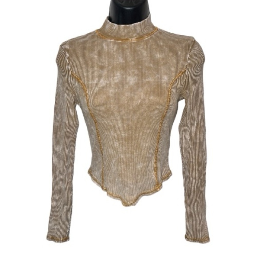 Illed Intent Tan Mock Neck Long Sleeve V Waist Crop Top